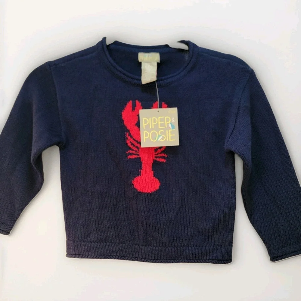 Piper Posie Kids Sweater Size 4T Roll‎ Neck Lobster Navy Knit Coastal Nautical